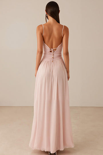 Robe de soirée en mousseline de soie a-ligne à bretelles spaghetti rose